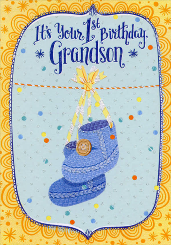 Designer Greetings Blue Knitted Baby Boots Juvenile 1st / First Birthday Card for Grandson