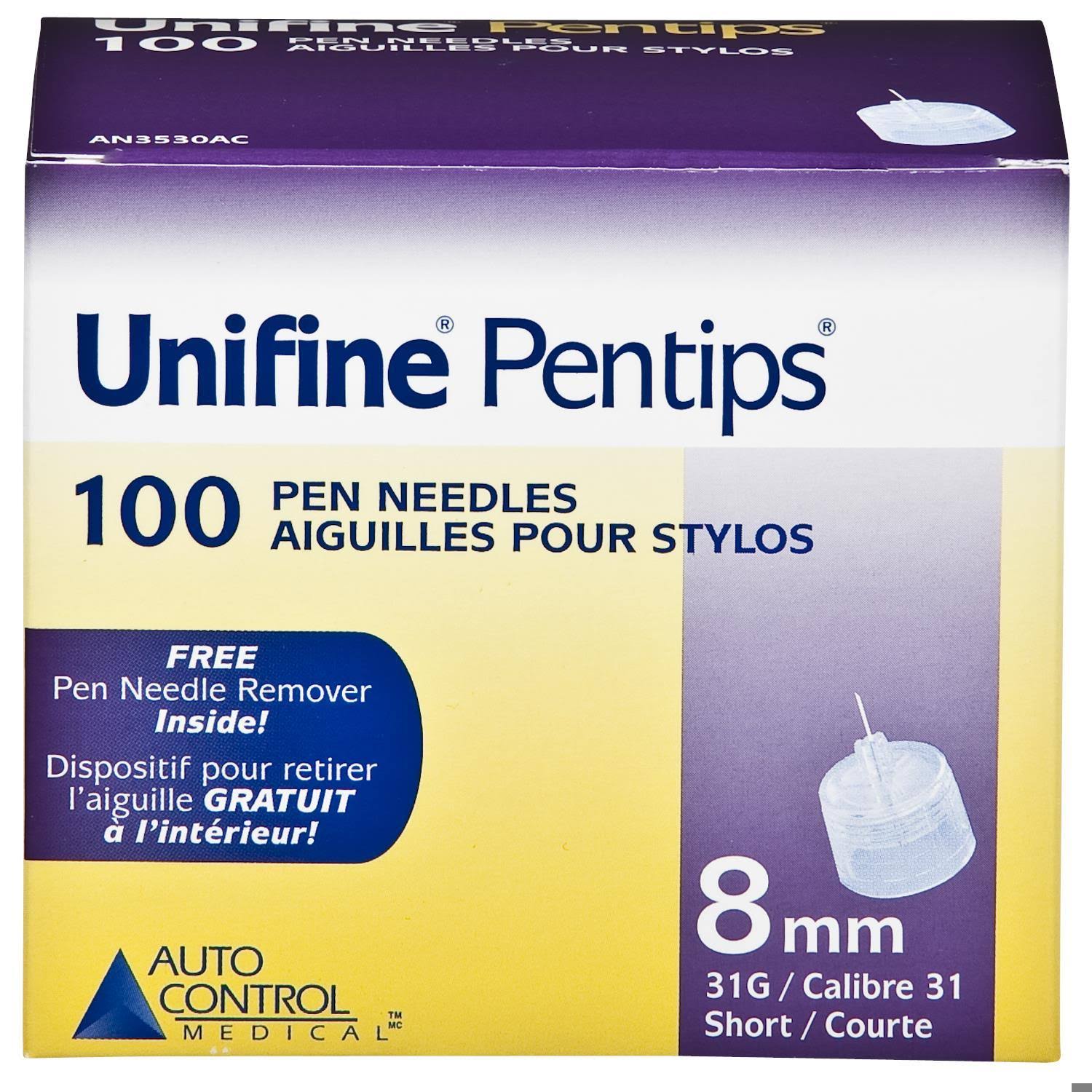 UNIFINE Pentips Short Pen Needle 31 Gauge 8mm 100 Pack