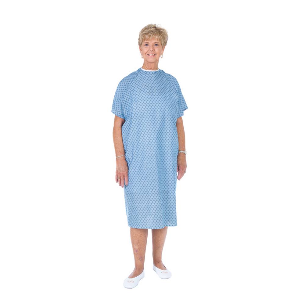 Essential Patient Gown, One Size Fits All, Print on Blue Background