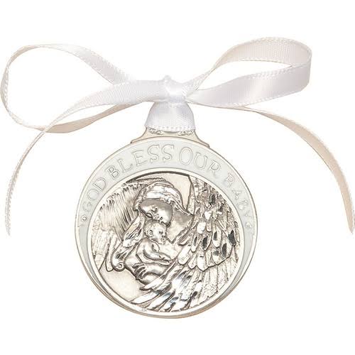 Bliss Pewter Baby withangel Crib Medal with White Ribbon