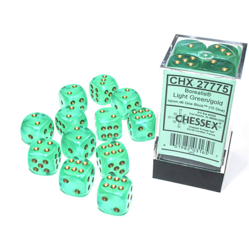 Chessex Borealis: 16mm D6 Light Green/Gold Luminary Dice (12)