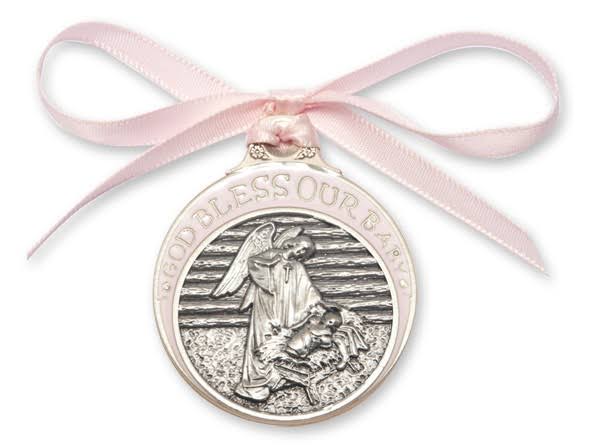 Bliss Pewter Baby in Manger Crib Medal with Pink Ribbon