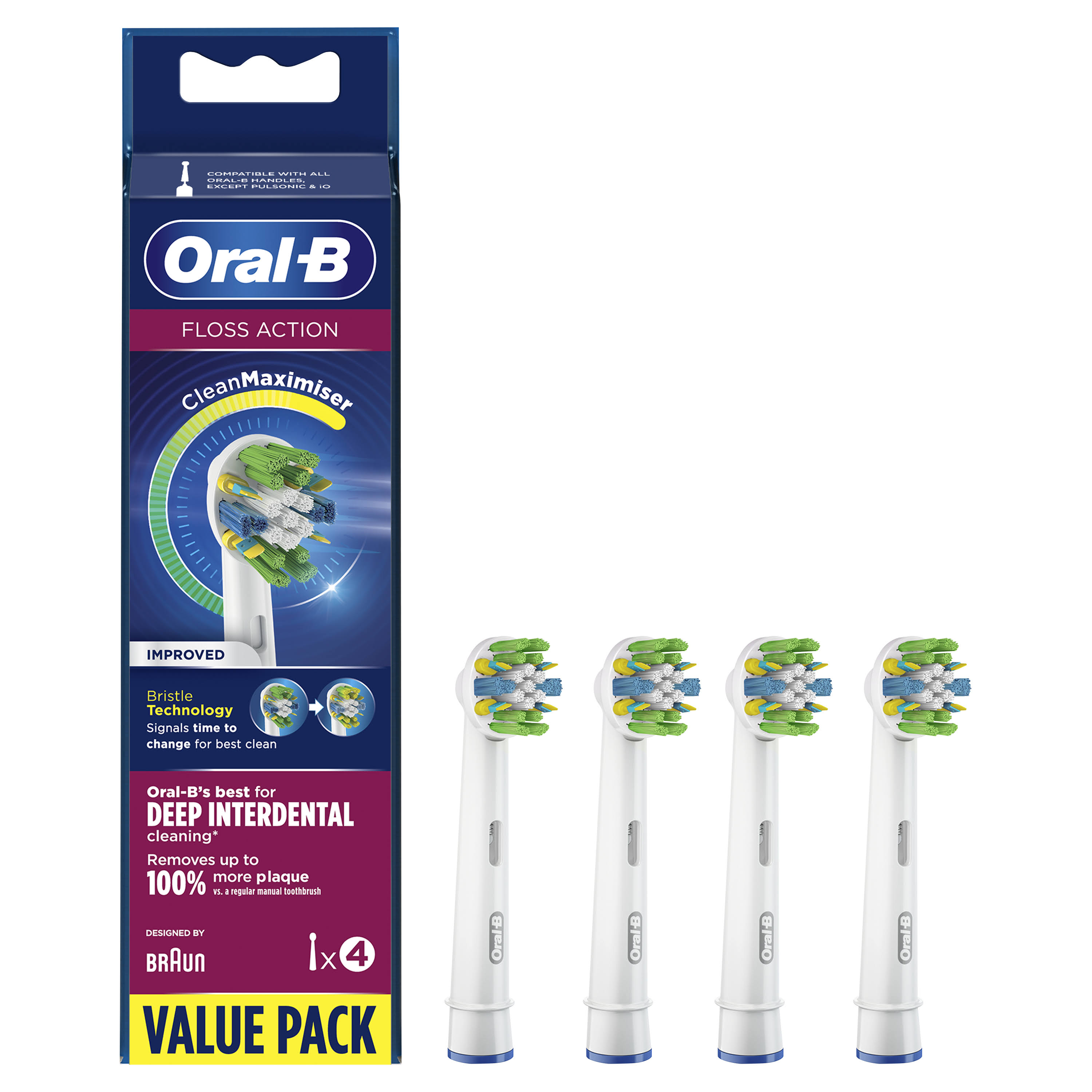 Oral-B FlossAction Replacement Toothbrush Head with CleanMaximiser - Pack of 4