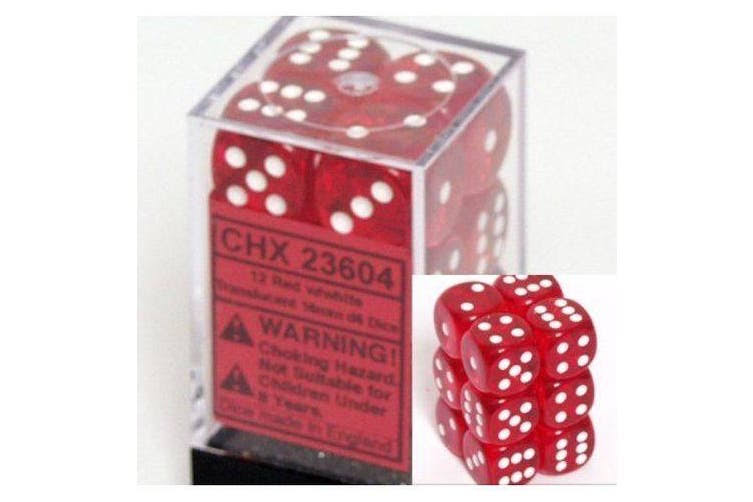 Chessex Translucent Dice Set - D6, 16mm, Red with White, 12pcs