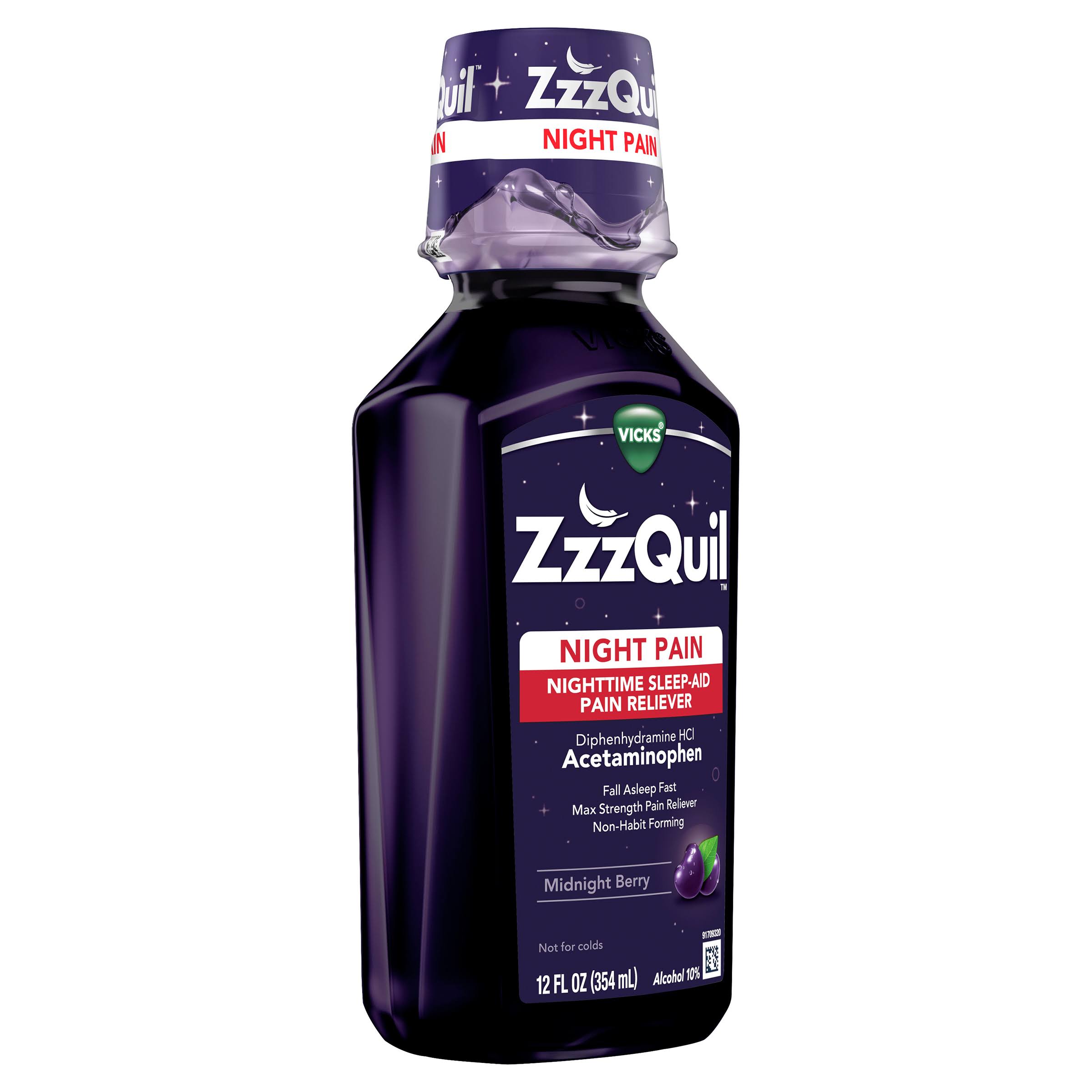 Vicks ZzzQuil Nighttime Sleep-Aid Pain Reliever, Night Pain, Midnight Berry - 12 fl oz