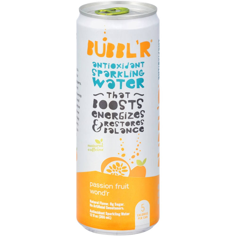 BUBBL'R Passion Fruit Wond'r, Antioxidant Sparkling Water with Natural Caffeine, 0g Sugar, Gluten Free, All Natural Flavors, 12 FL oz Cans, 12 Count