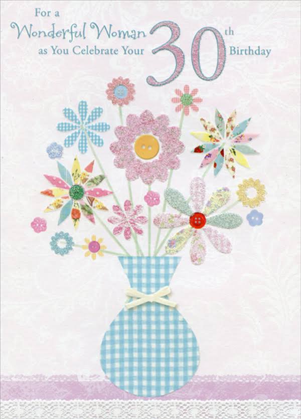 Designer Greetings Blue Chequered Vase with Sparkling Flowers Age 30 / 30th Birthday Card for Her | Party Decorations & Supplies