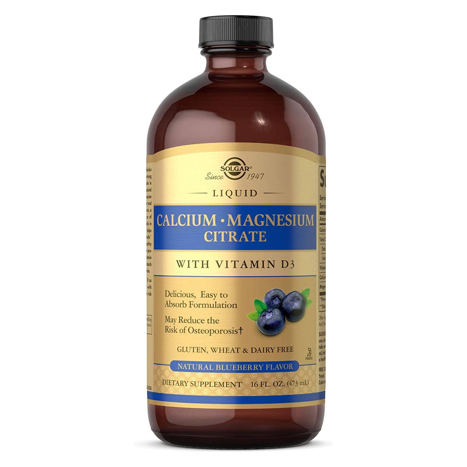 Solgar Calcium Magnesium Citrate Liquid with Vitamin D3 - Natural Blueberry, 16 fl oz