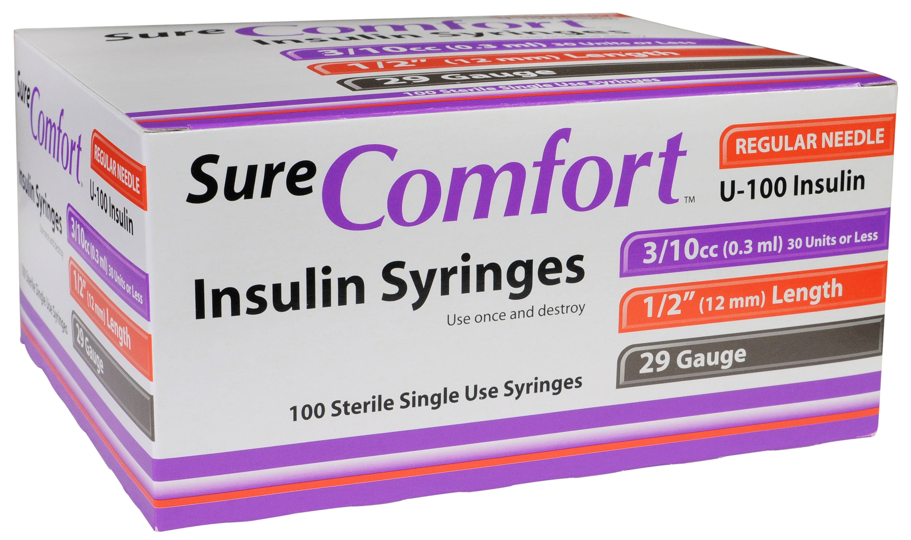 Sure Comfort Insulin Syringes - 29 Gauge, 3/10cc, 1/2", 100ct