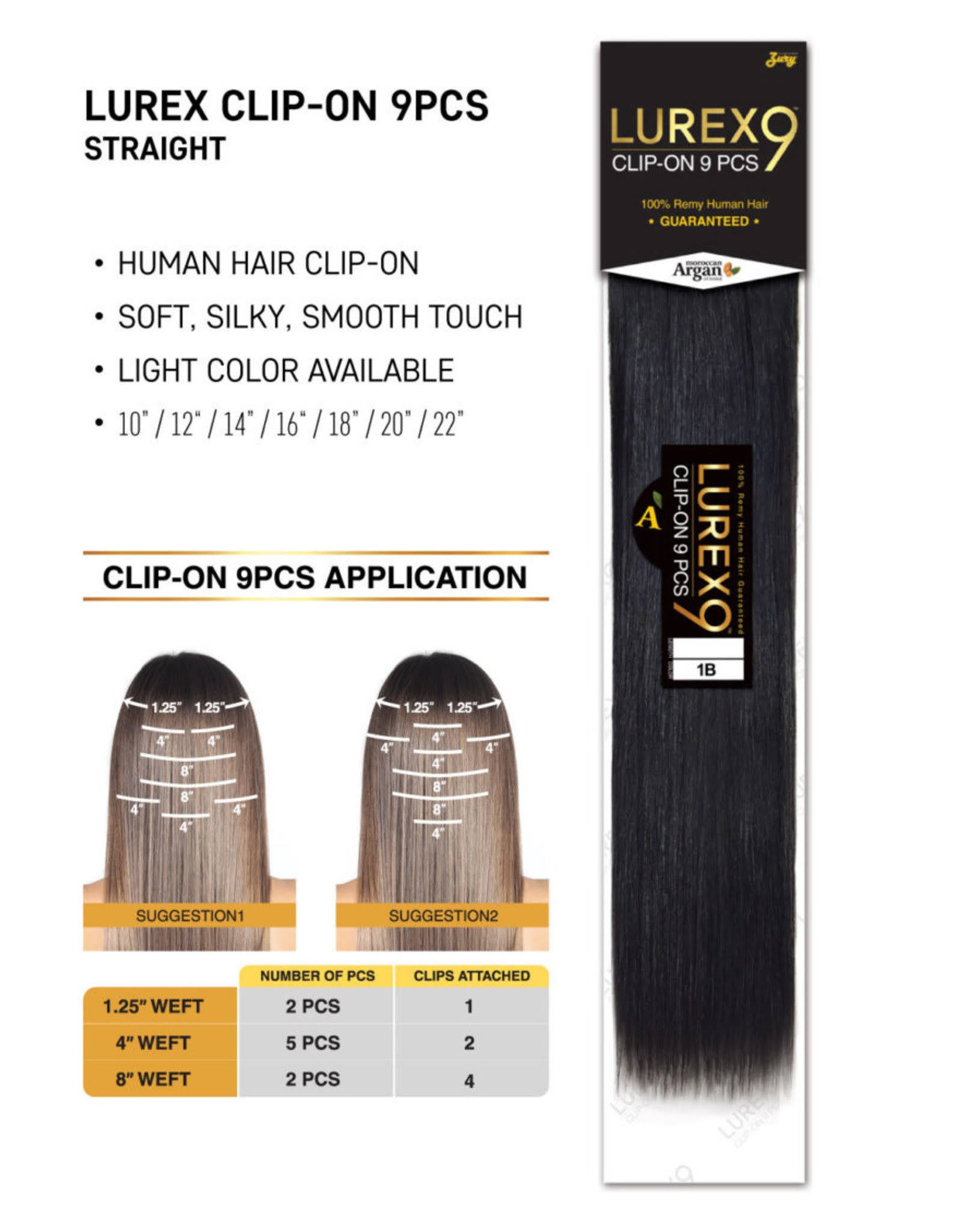 Zury Sis 100% Remy Human Hair Weave - Lurex Clip on 9 Pcs 16/18/22 inch - 1B / 22"