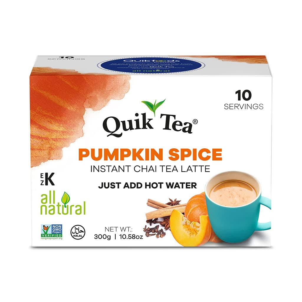 Quik Tea Pumpkin Spiced Masala Instant Chai Tea Latte Premix - 10 Count Single Box - All Natural Preservative Free Seasonal Convenient Chai - Just