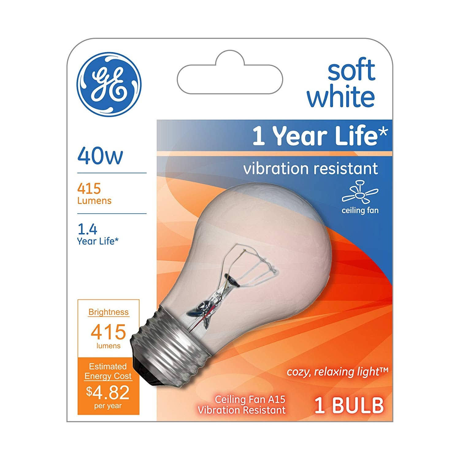 Ge Light Bulb, Ceiling Fan, Crystal Clear, 40 Watts