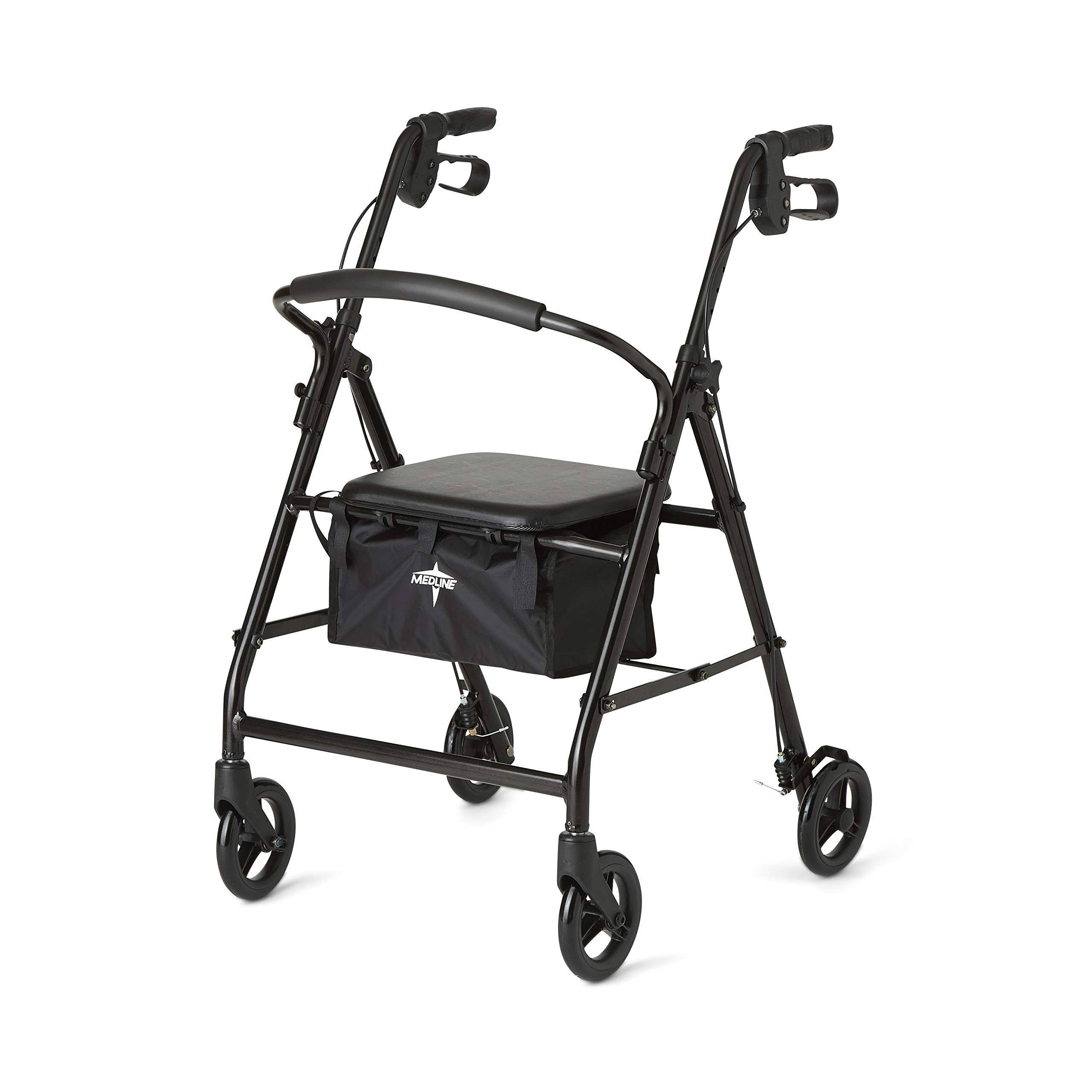 Medline Foldable Steel Rollator Walker With Seat & 6” Wheels – Stand Up, Rolling, For Injuries, Seniors, & Adults, Black
