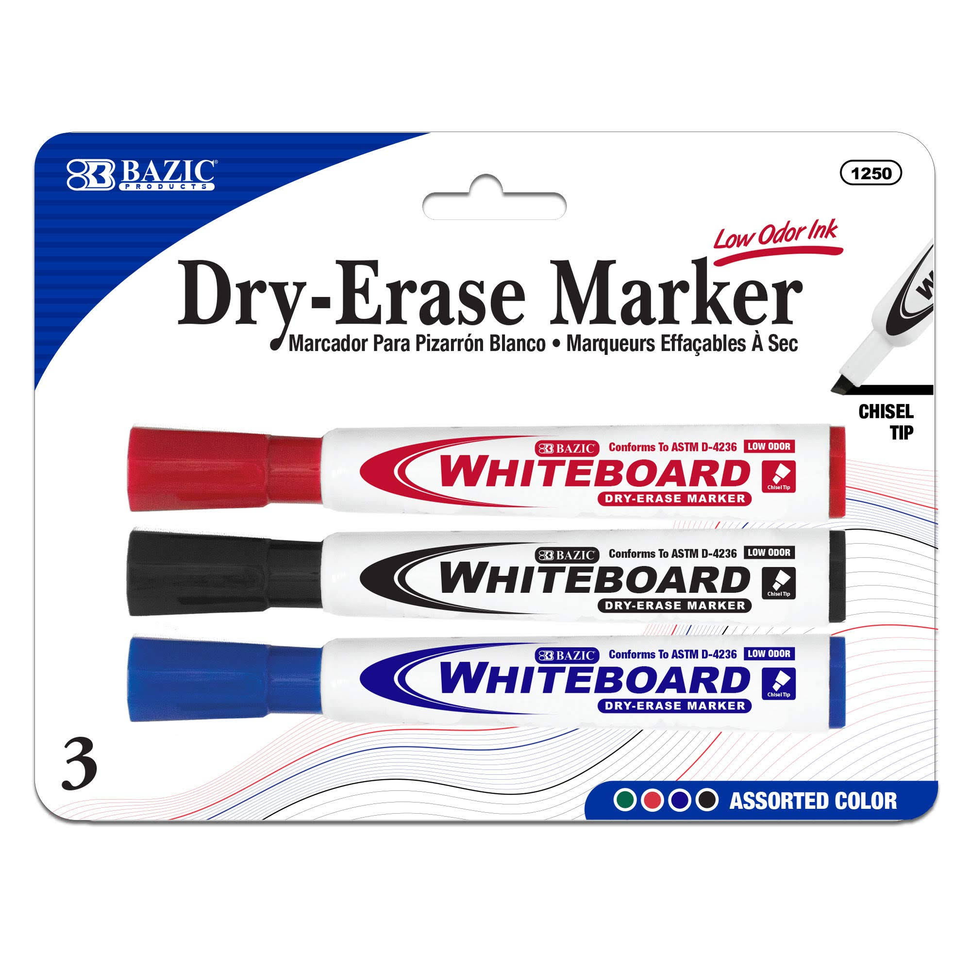 Bazic Chisel Tip Dry-Erase Whiteboard Markers - Assorted Color, x3