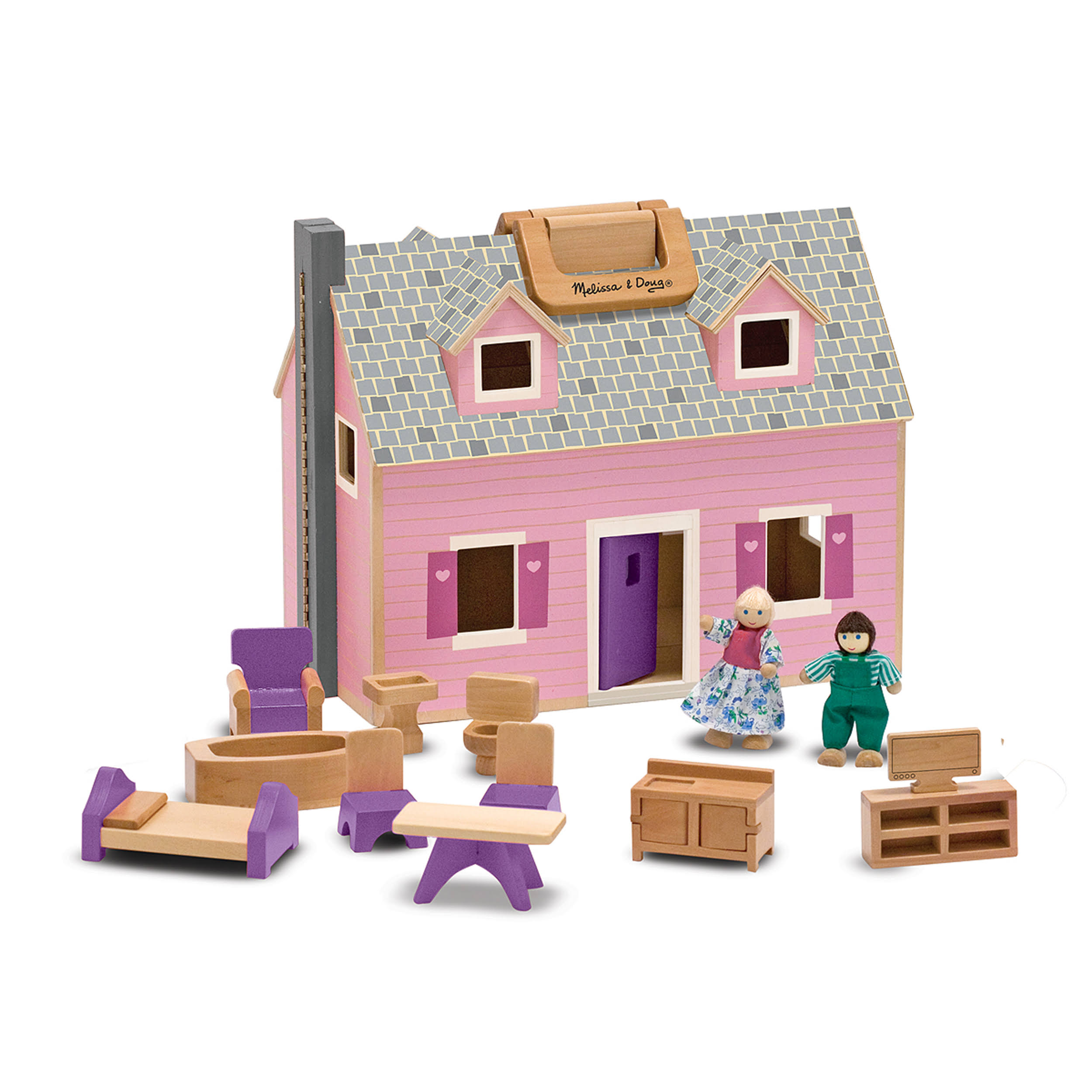 Melissa and Doug Fold and Go Wooden Doll House Play Set - Pink