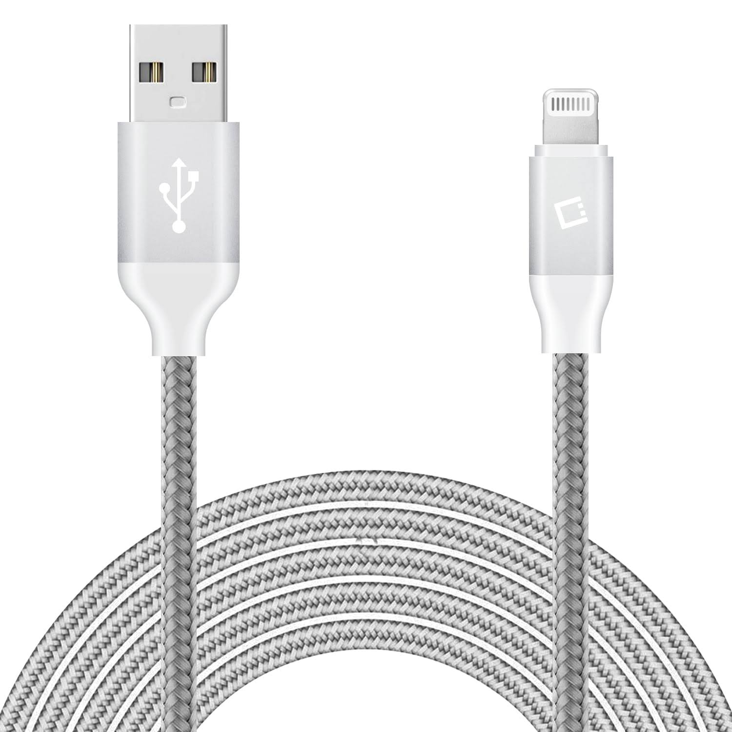 Cellet Lightning USB Charging Data Nylon Cable - 8 Pin, 10', Silver