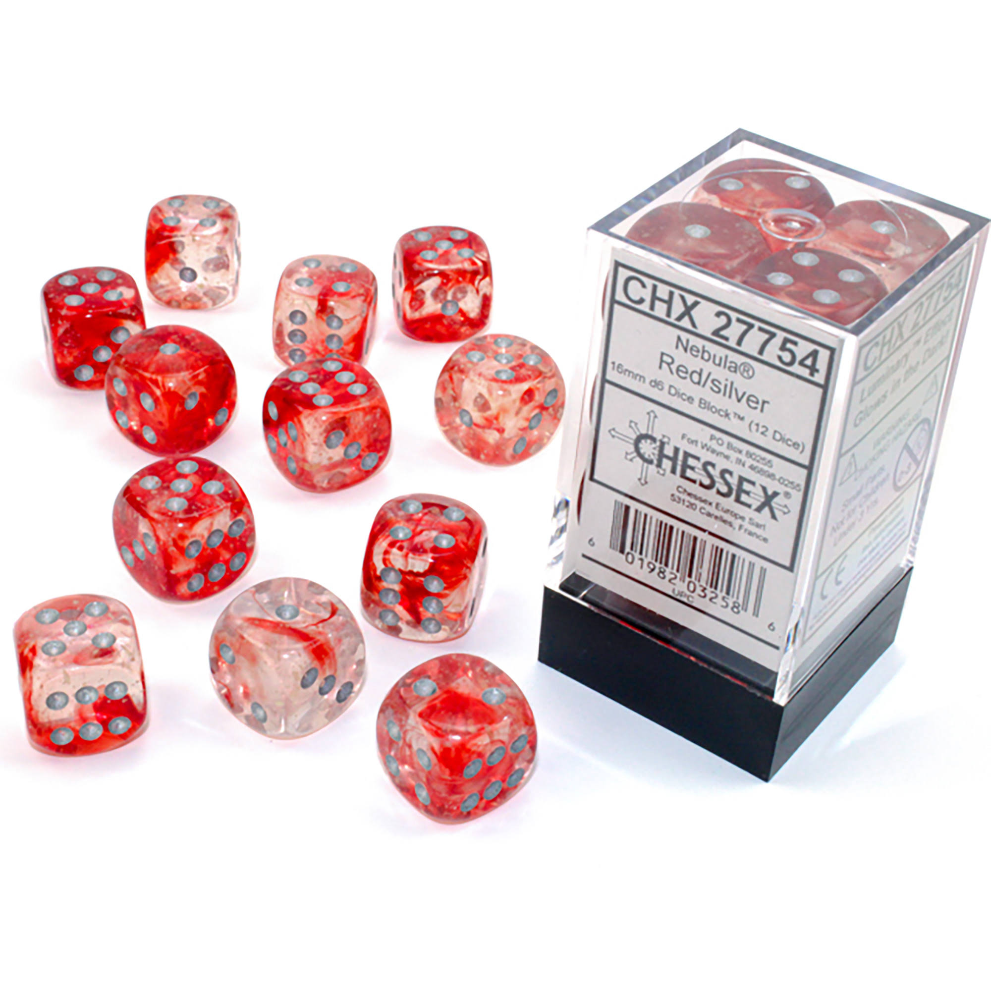 Chessex Nebula Red Silver 16mm D6 Dice 12 Dice