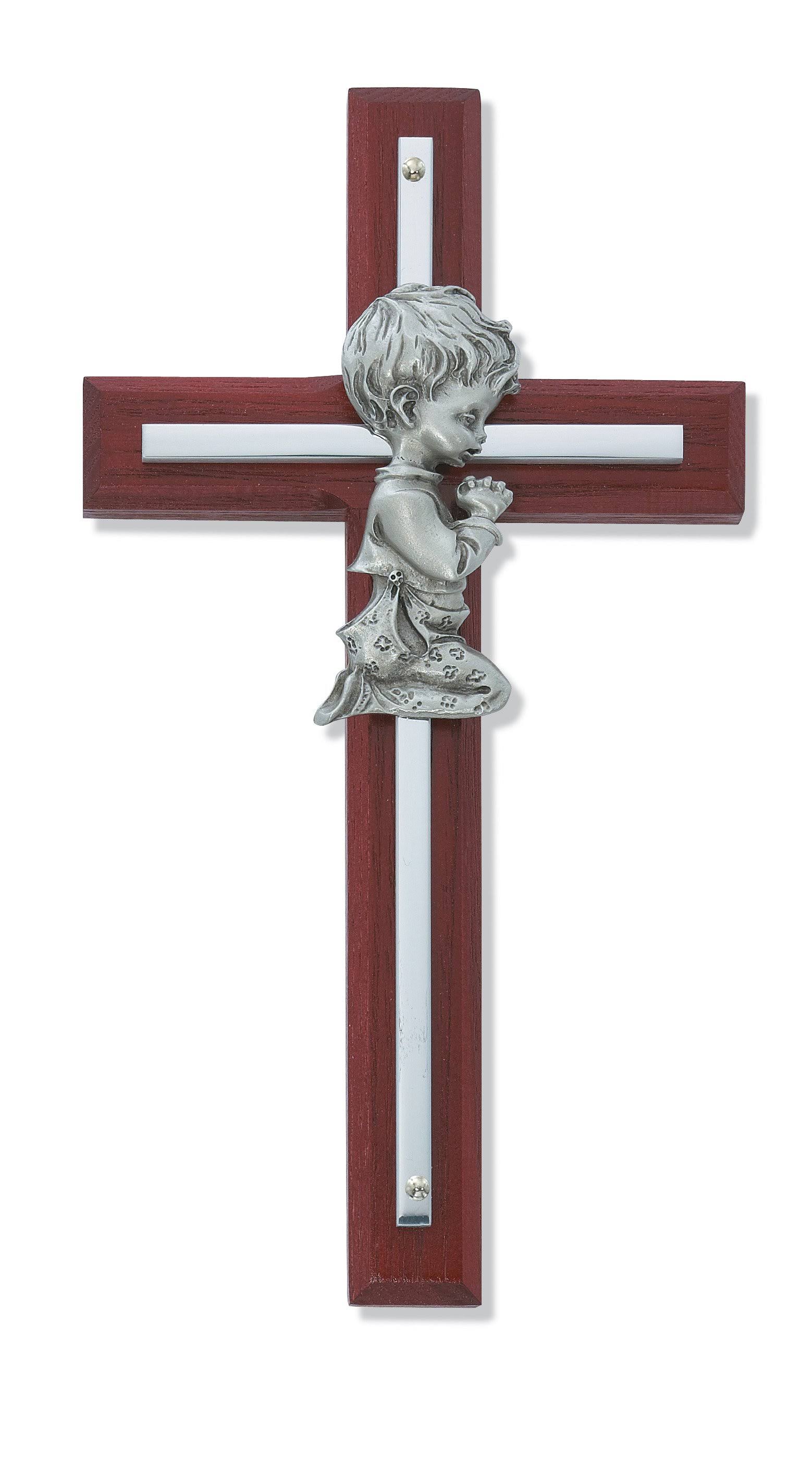 Silver Boy Wall Cross  Decor - Cherry Stained Wood, 6"