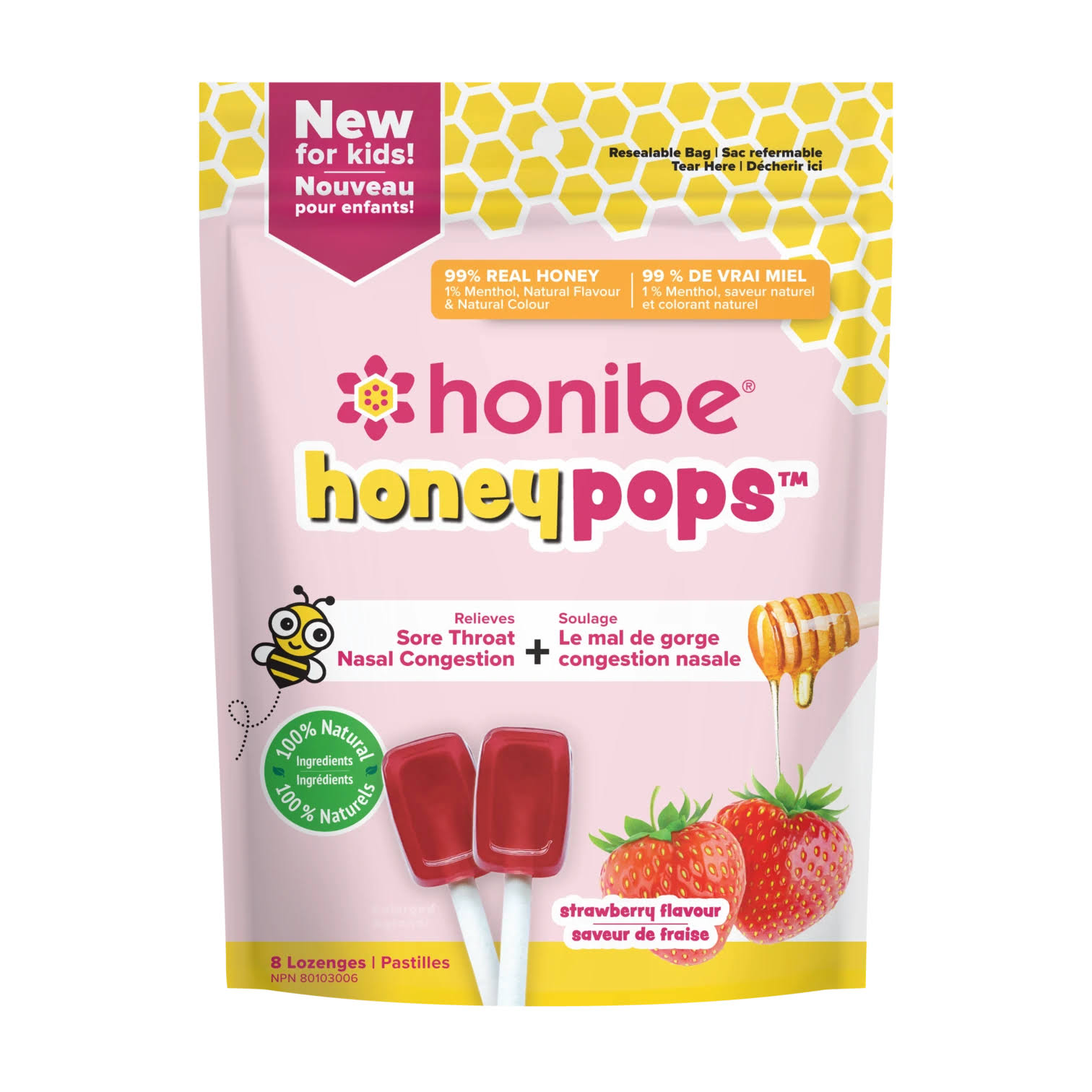 Honibe Honey Pops for Kids Strawberry - 8 Honey Pops