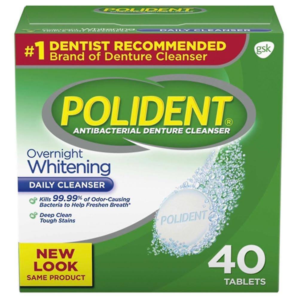 Polident Overnight Whitening Denture Cleanser - Triple Mint, 40 Tablets