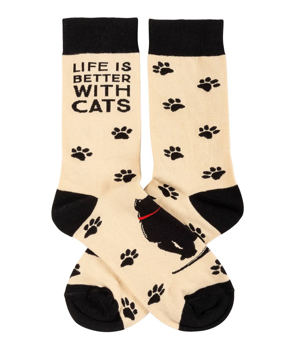 Primitives by Kathy Beige & Black 'Better with Cats' Paw Print Socks - Adult One-Size