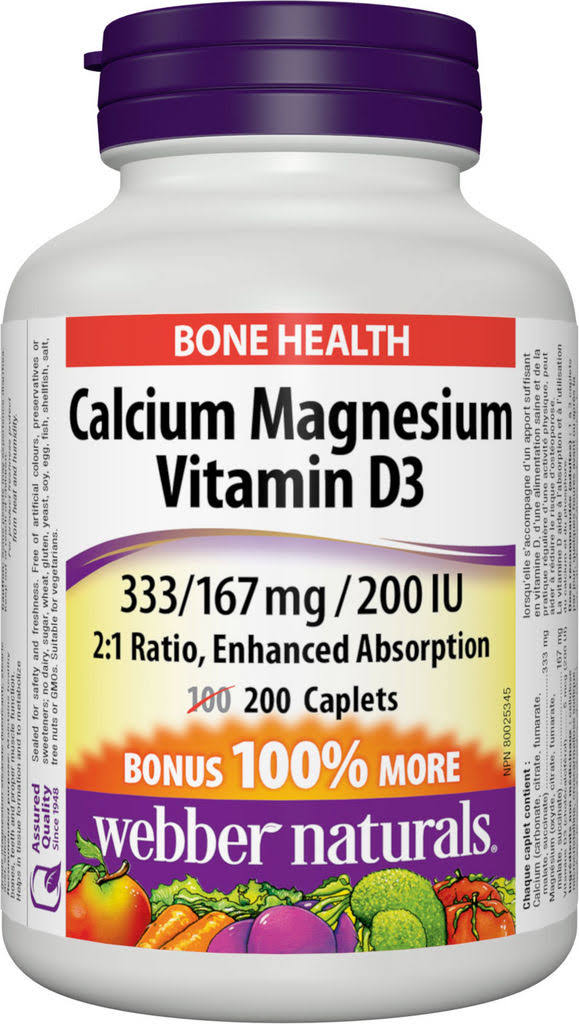 Webber Naturals Calcium Magnesium Supplement - With D3, 167mg, 200 Caplets