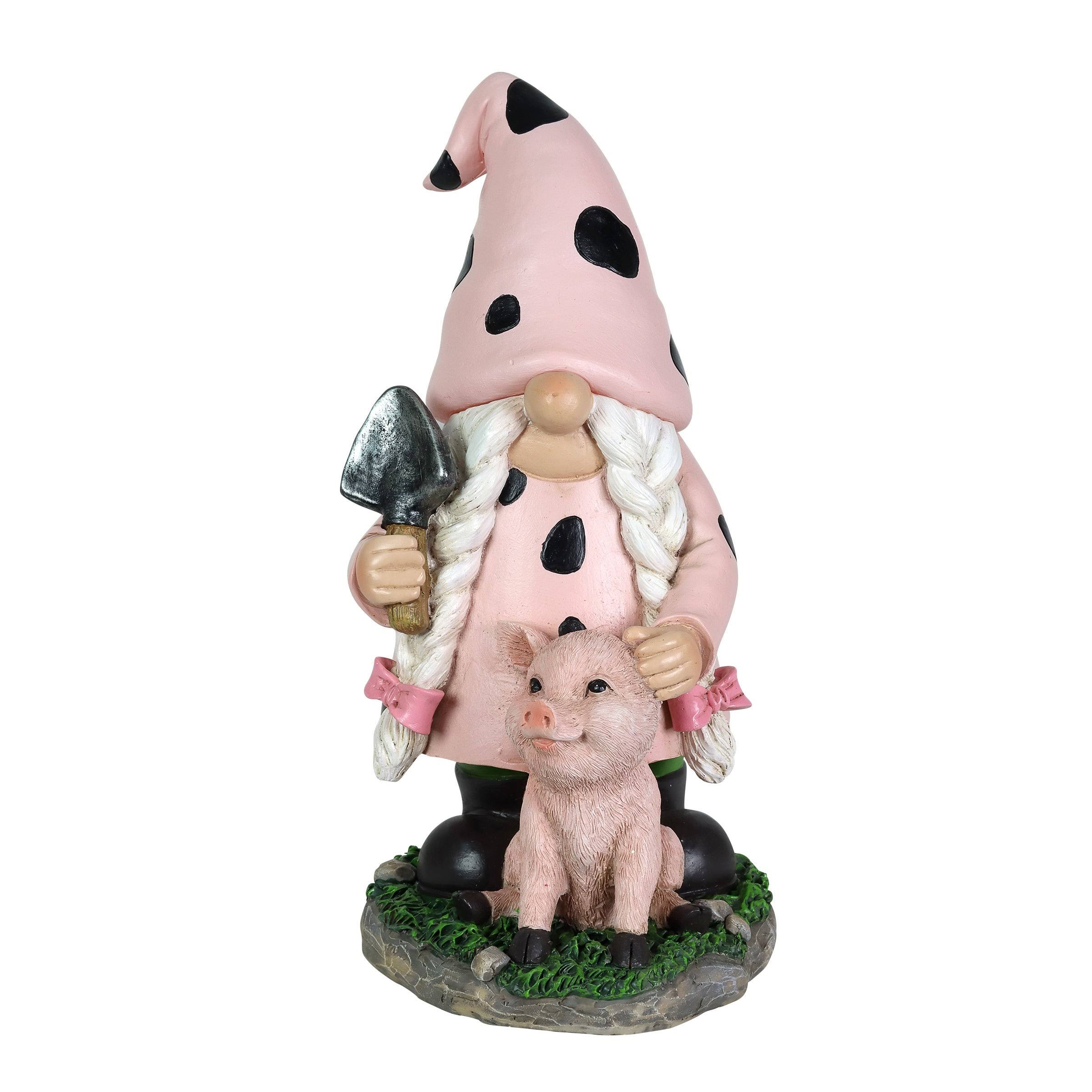 Exhart Solar Lady Gnome with Pink Print and Piglet Statue, 6 by 10 Inches - Resin - Multi