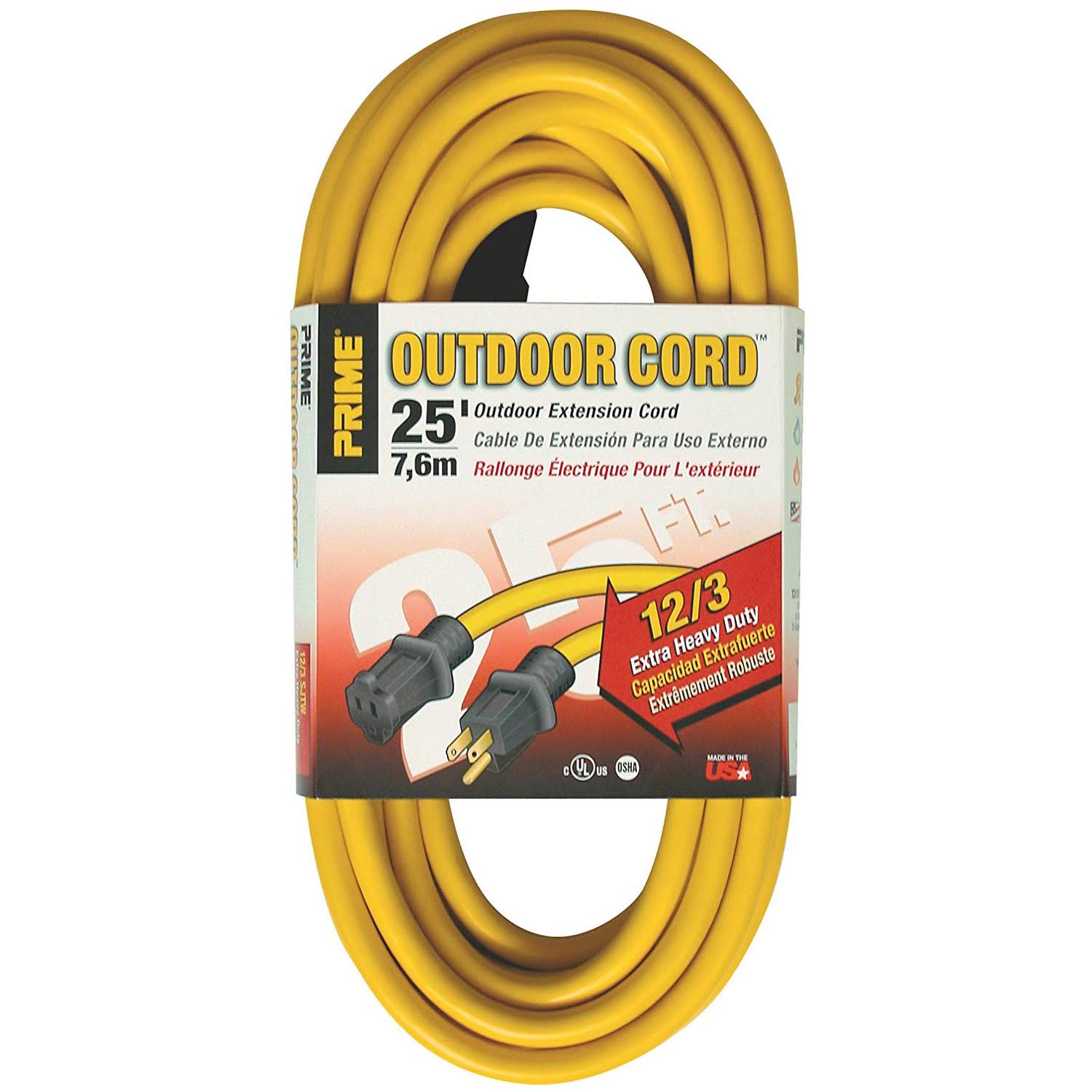 Prime Wire and Cable EC500825 12/3 SJTW Jobsite Outdoor Extension Cord - Yellow, 25'