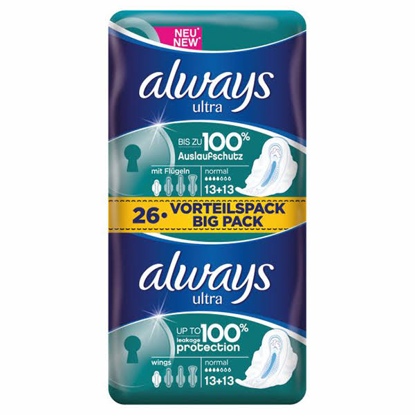 Always Ultra Normal Sanitary Towels Wings - 26 Pads, Size 1
