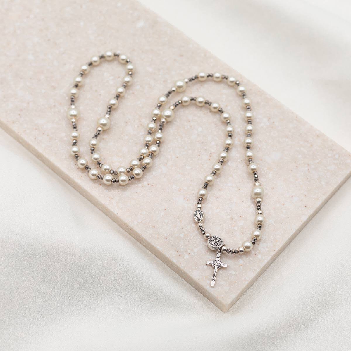 Rosary Wrap Bracelet - White Pearl/Silver