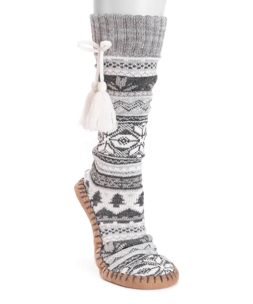 Muk Luks Women's Slipper Gray Fair Isle Tassel Slipper Socks S/M (5-7)