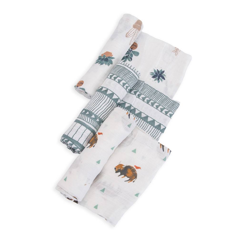 Little Unicorn Cotton Muslin Swaddle Blankets - x3, Bison, Brown, Green\