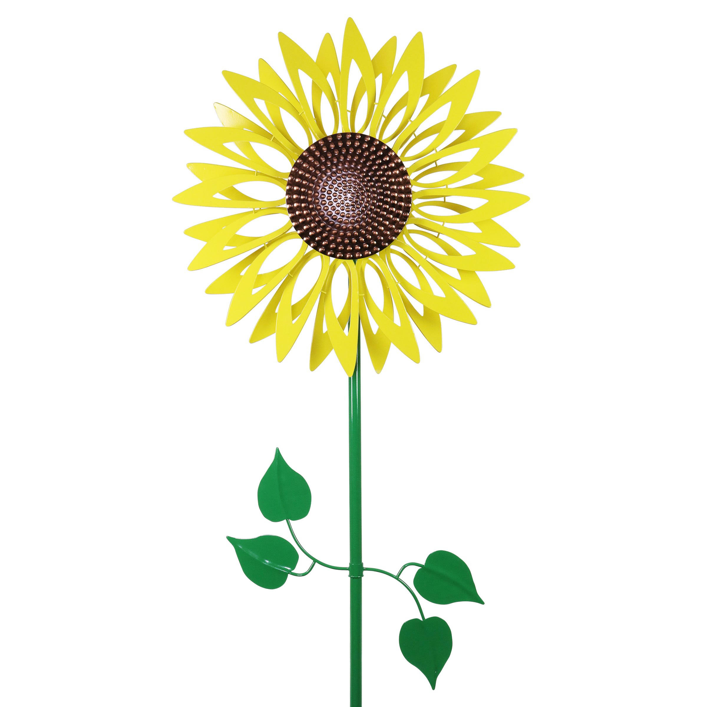 Exhart Giant Metal Kinetic Yellow Sunflower Dual Spinning Garden Stake, 24 by 72 Inches