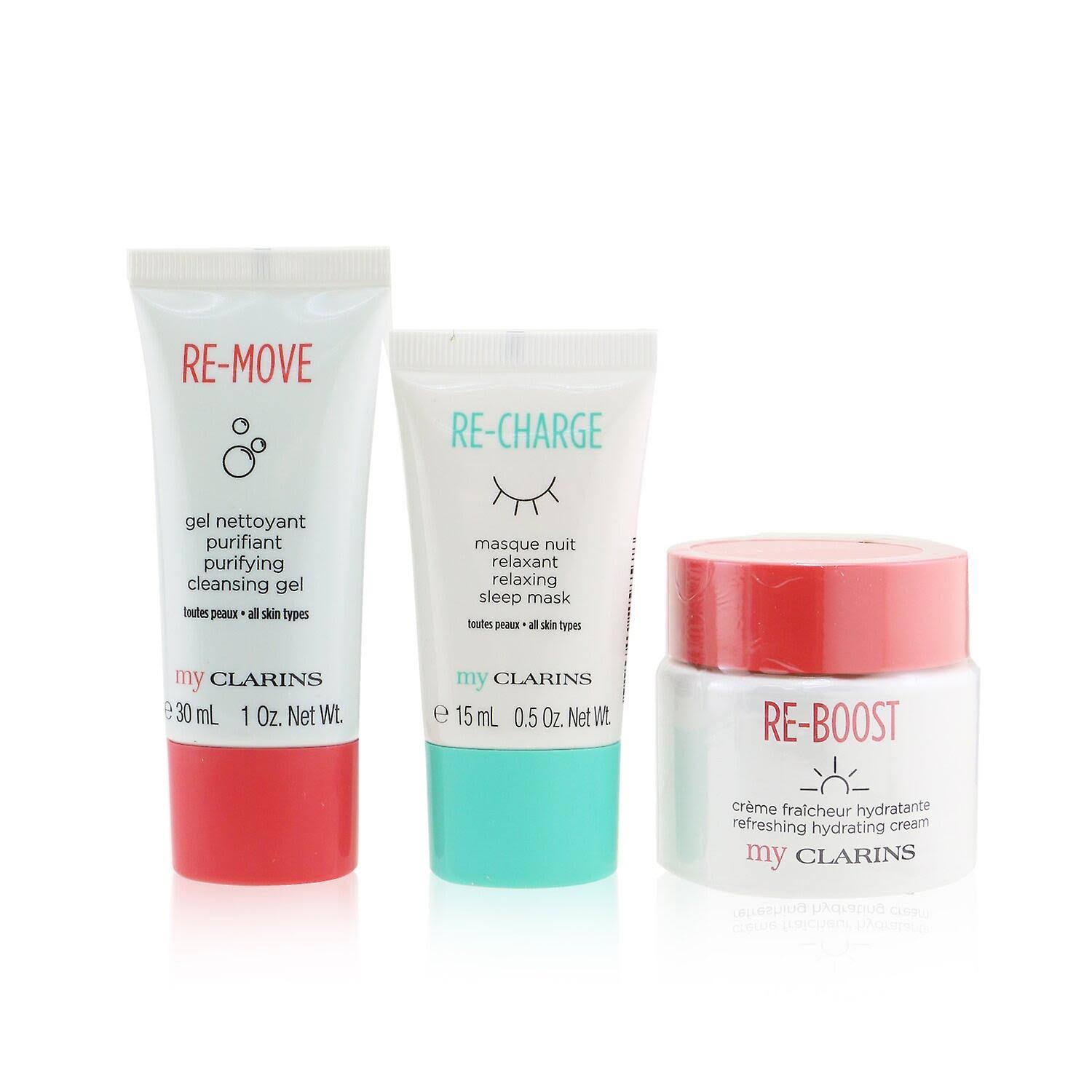 My Clarins The Essentials Set: Re-Boost Hydrating Cream 50ml+ Re-Move Cleansing Gel 30ml+ Re-Charge Sleep Mask 15ml 3pcs