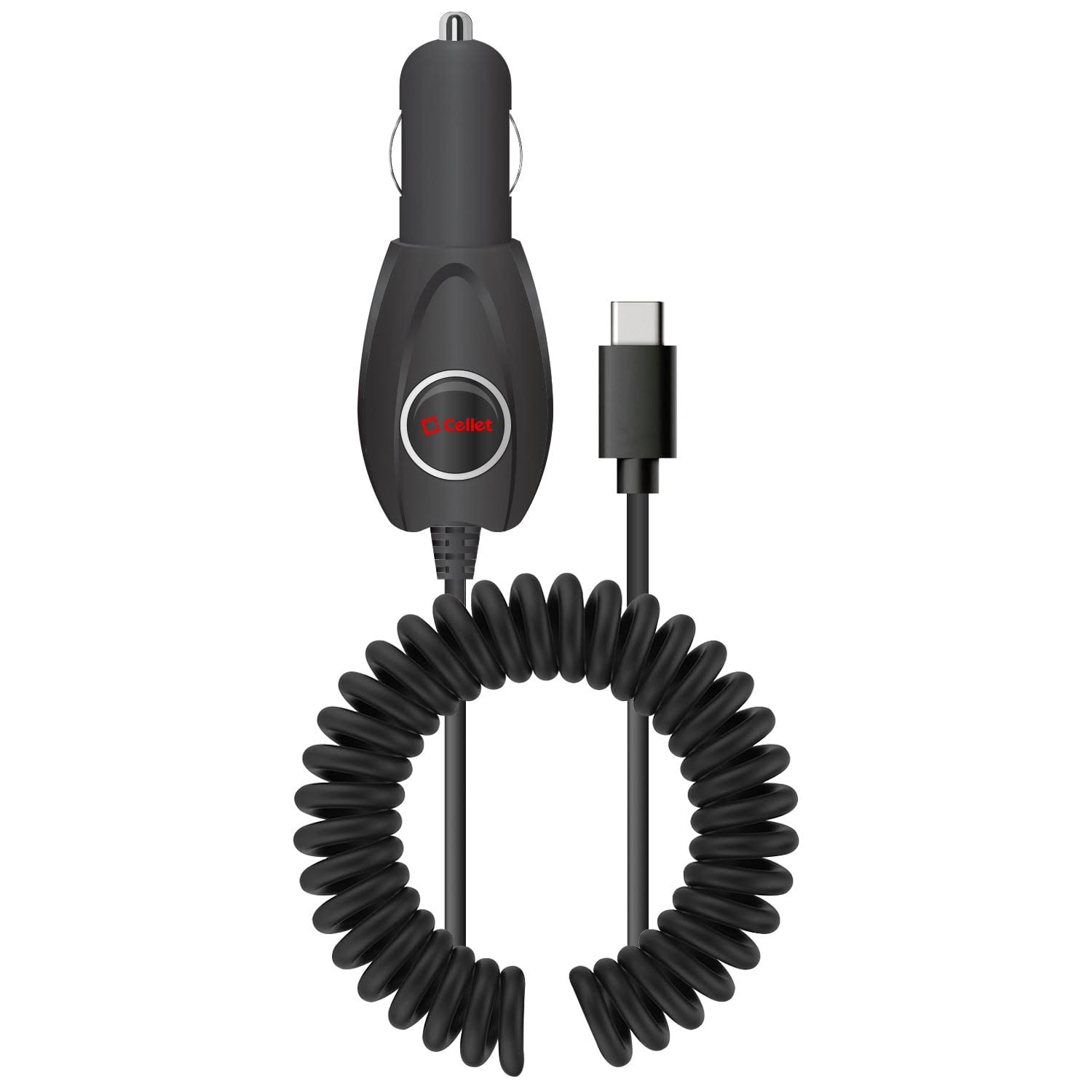 High Powered 15 Watt (3 Amp) Type-C Coiled Cable (5.7 ft.) Car Charger by Cellet - Black