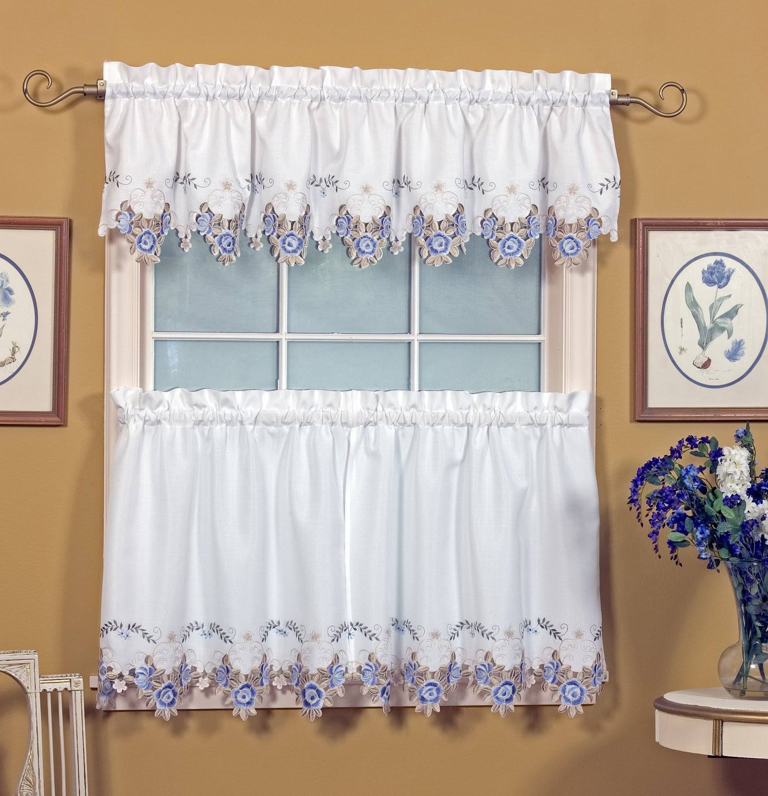 Today's Curtain Verona Reverse Embroidery Valance, 14-Inch, White/Blue