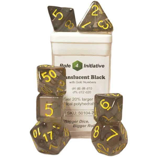 Set of 7 Polyhedral Dice Translucent Black (Smoke) with Yellow 50104-7B