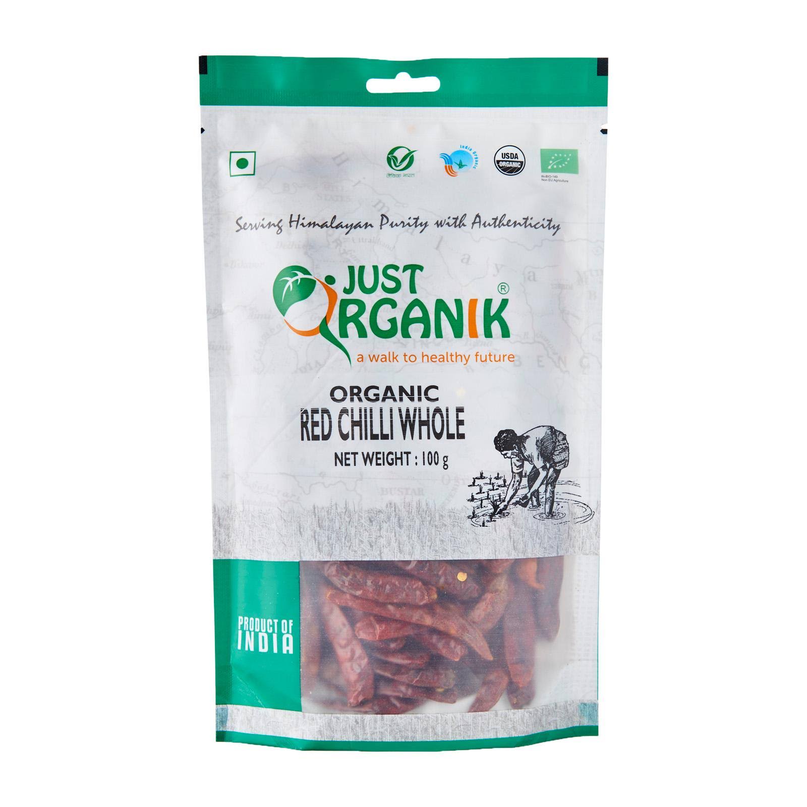 Just Organik Organic Whole Red Chilli - 100 GM (3.5 oz)