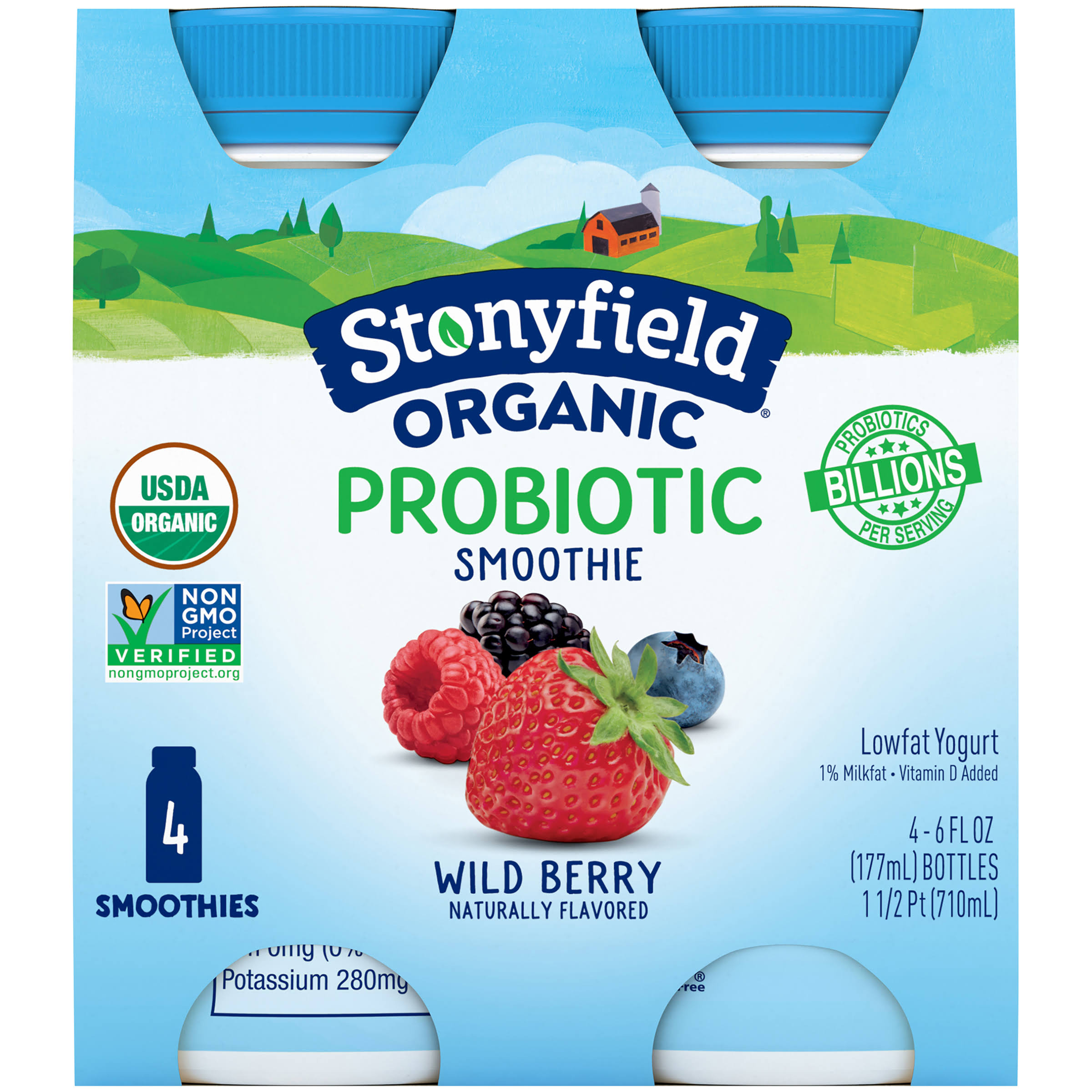 Stonyfield Organic Smoothie Lowfat Yogurt - Wild Berry, 4pk, 6oz