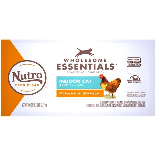 NUTRO WHOLESOME ESSENTIALS Natural Dry Cat Food, Indoor Cat Adult Chicken & Brown Rice Recipe Cat Kibble, 5 Lb Bag