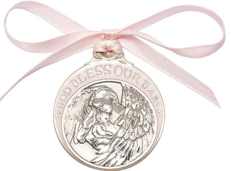 Bliss Pewter Baby with Angel Crib Medal Pink Ribbon