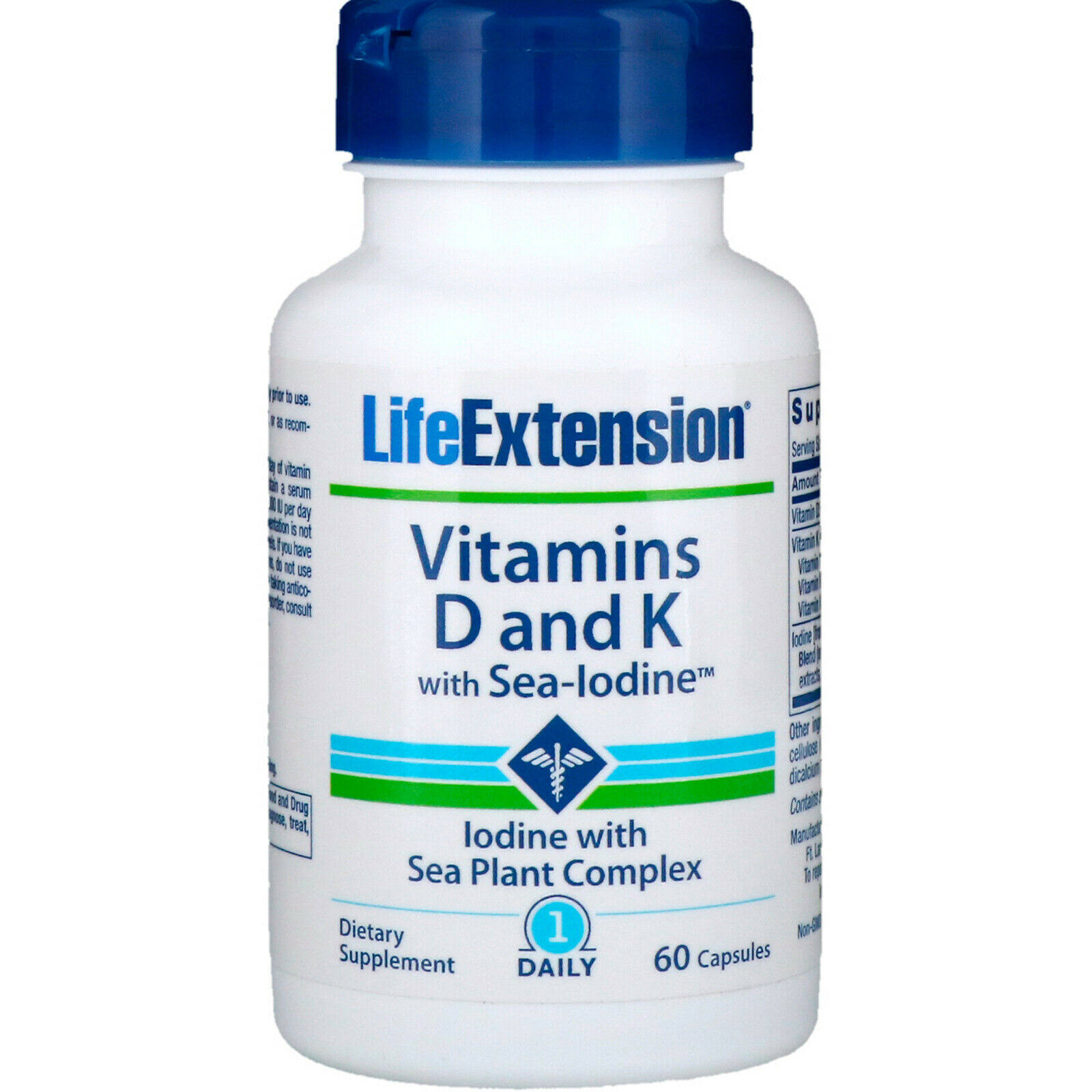 Life Extension Vitamins D and K Dietary Supplement - with Sea Iodine, 60 Capsules