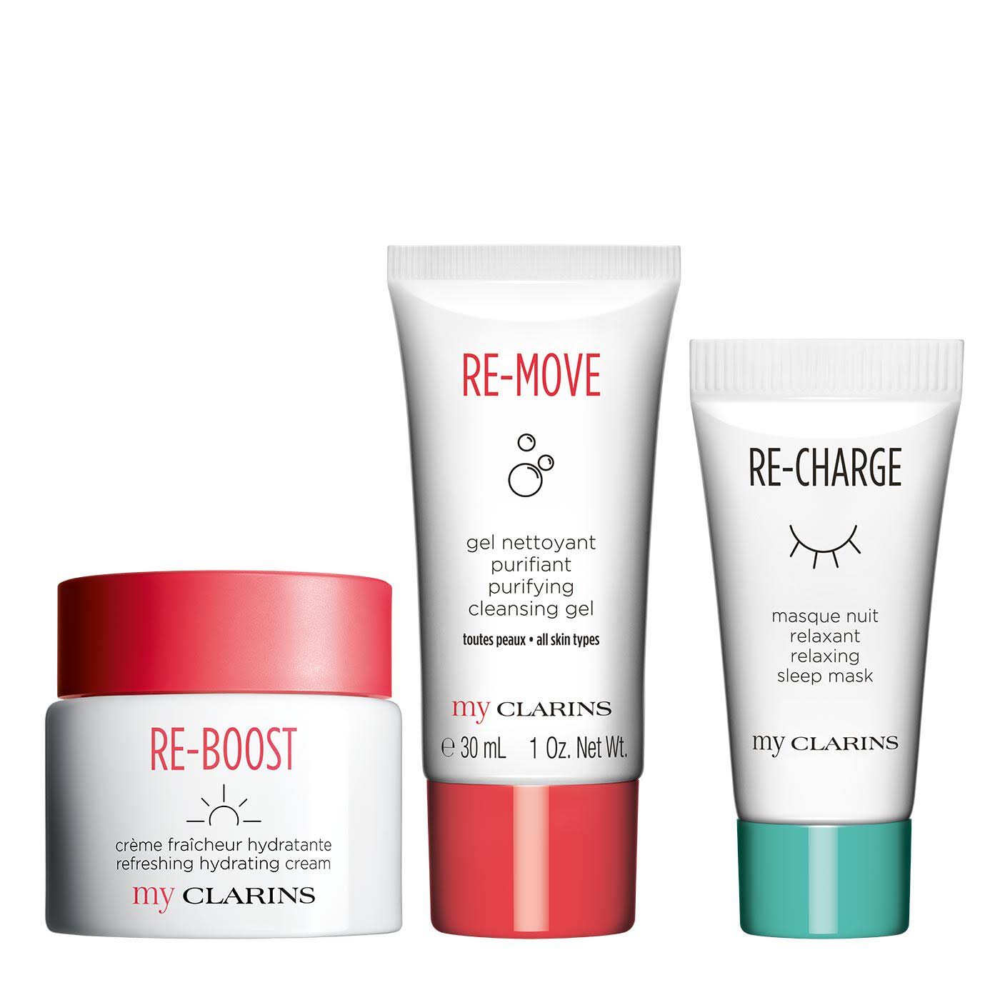My Clarins The Essentials Set: Re-Boost Hydrating Cream 50ml+ Re-Move Cleansing Gel 30ml+ Re-Charge Sleep Mask 15ml - 3pcs