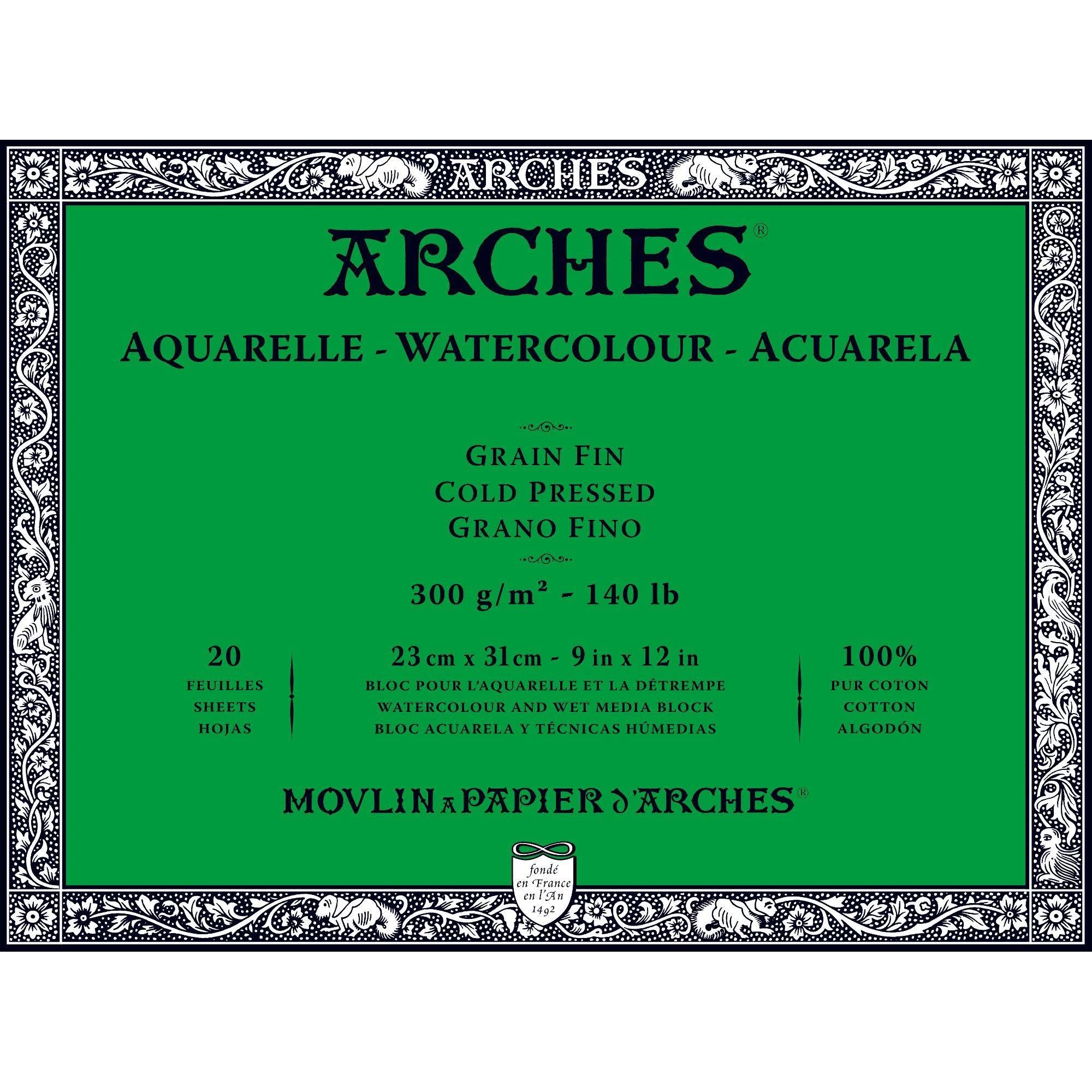 Arches Natural White Cold Pressed Watercolor Sheet Block - 9" x 12", 20 Sheets