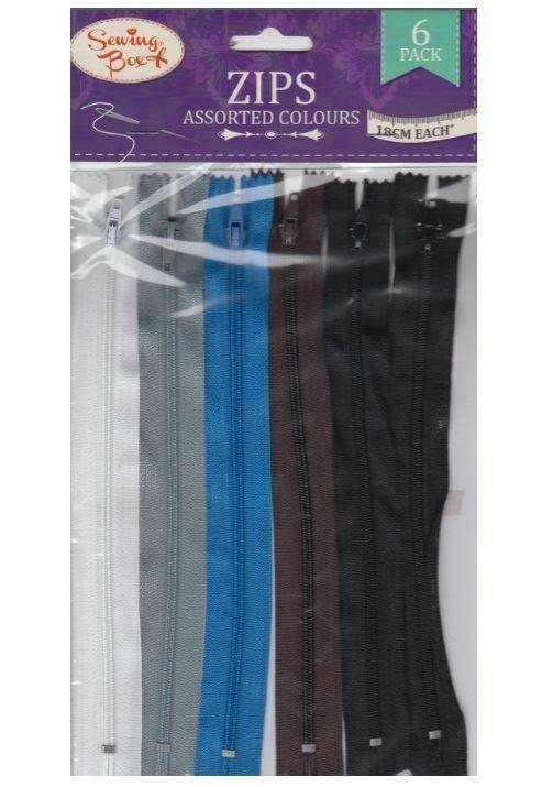 6 Assorted Coloured Replacement Zips 18cm Black Blue White Grey Brown Sewing