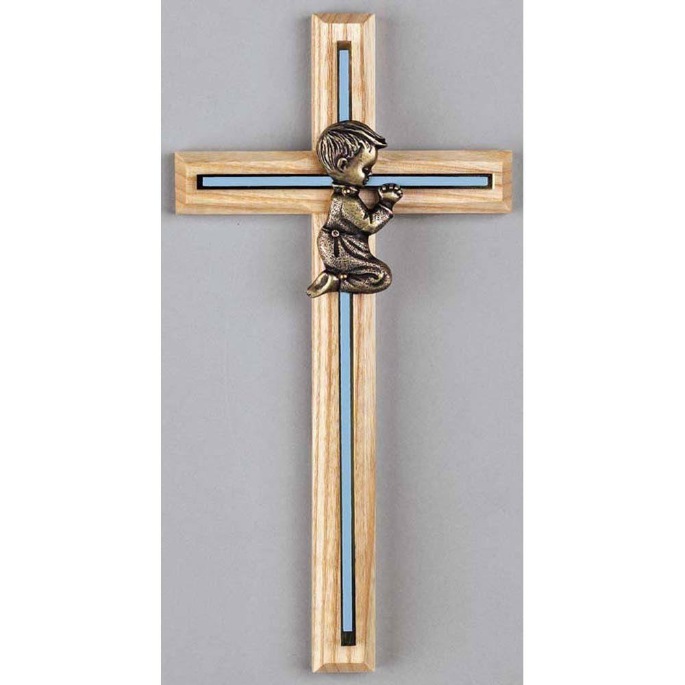 Dicksons Praying Little Boy Blue Inlay 7 inch Oak Wood Hanging Wall Cross