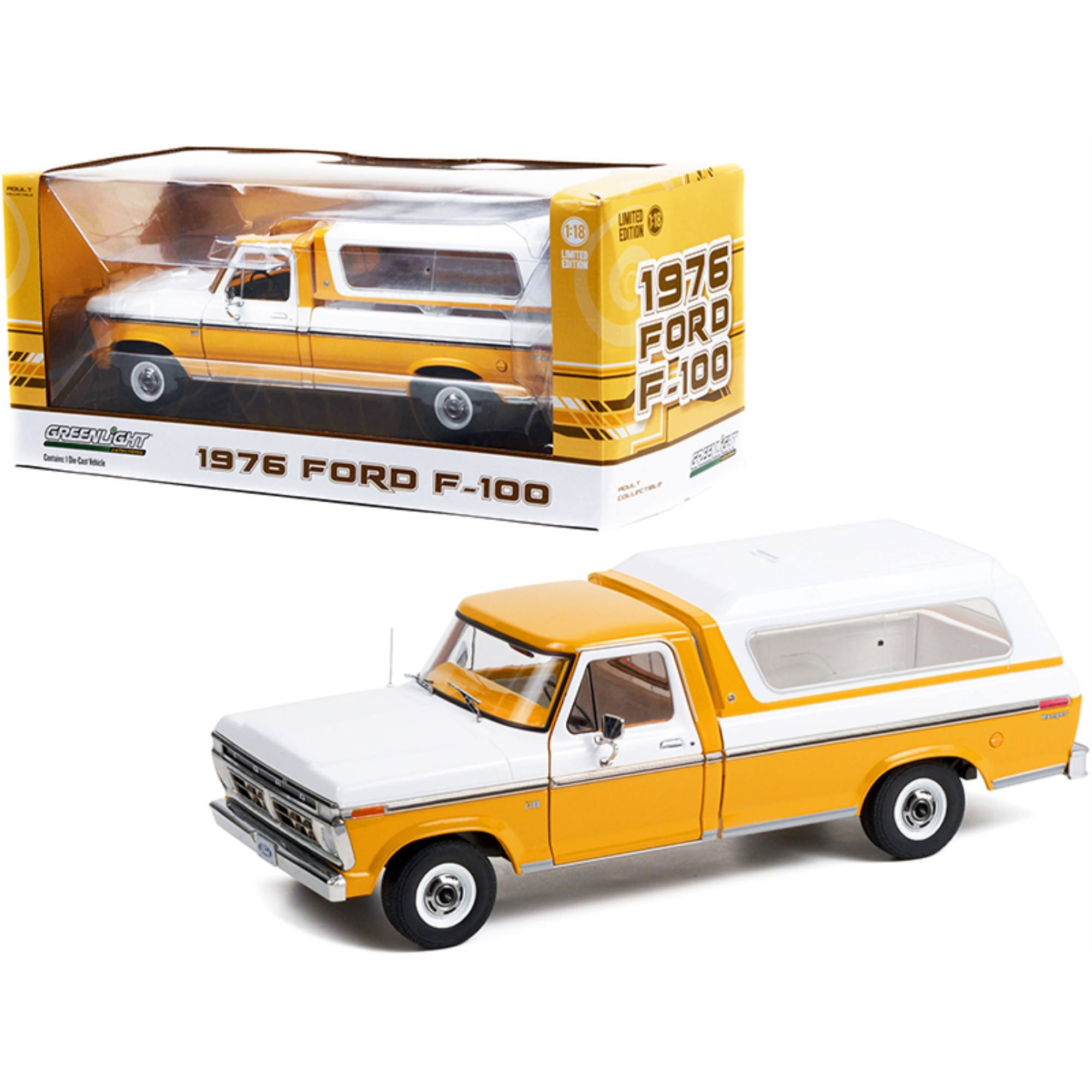 1976 Ford F-100 Ranger Pickup Truck with Deluxe Box Cover Chrome Yellow and Wimbledon White 1/18 di by Greenlight
