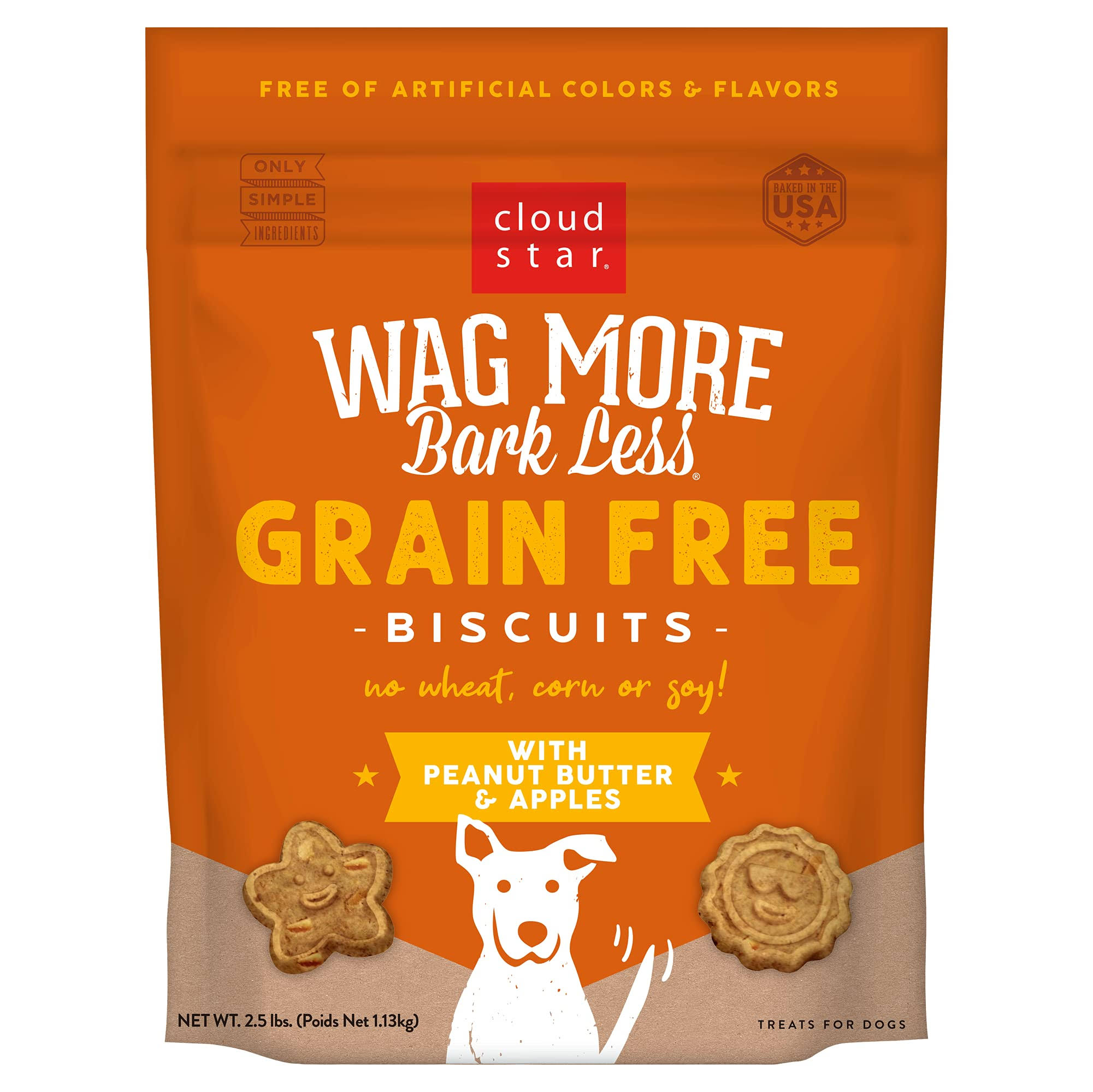 Cloud Star Wag More Bark Less Oven Baked Biscuits, Grain Free Crunchy Dog Treats, Peanut Butter & Apples - 2.5 LB