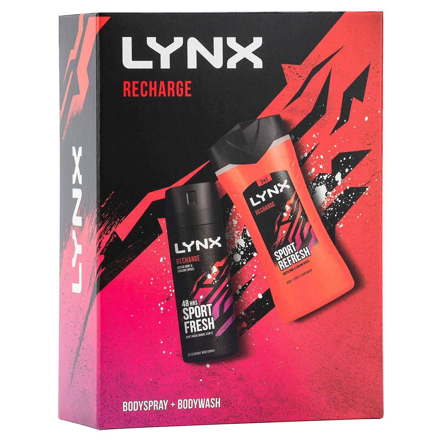 2x Lynx Recharge Duo Gift Set For Him, Body Spray 150ml & Body Wash 225ml Red