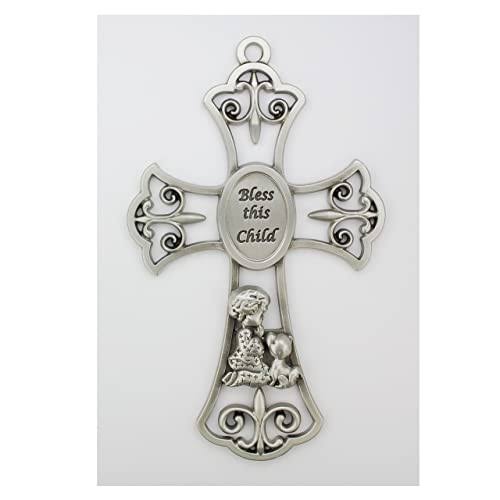 6" Bless This Child Pewter Silver Wall Cross In Gift Box